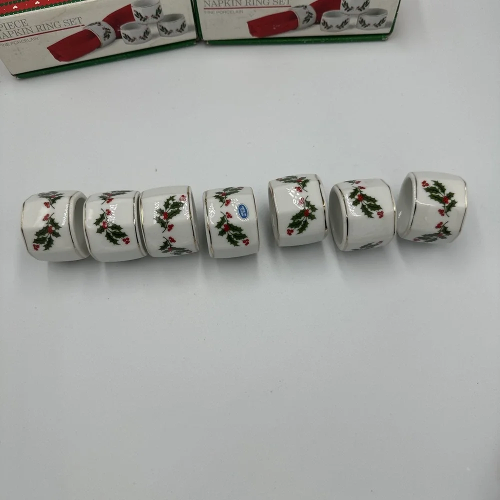 Vintage Mervyns Christmas Napkin Ring Set Fine Porcelain 7 Piece Set Holly Berry